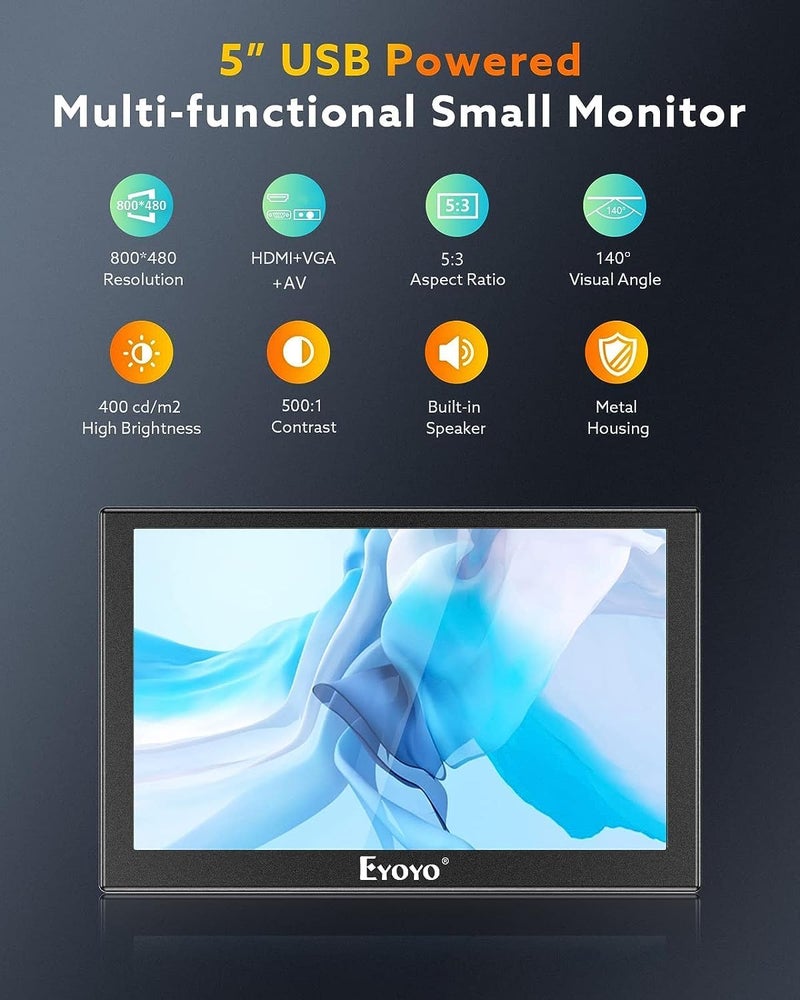 EYOYO شاشة 5 بوصة، 800x480 شاشة LCD TFT صغيرة لمراقبة الفيديو مع فتحة برغي 1/4 مع مدخل فيديو HDMI/VGA/AV للسيارة PC DVD DVR CCD DSLR-زاوية عرض واسعة 140° هيكل معدني - Image 2